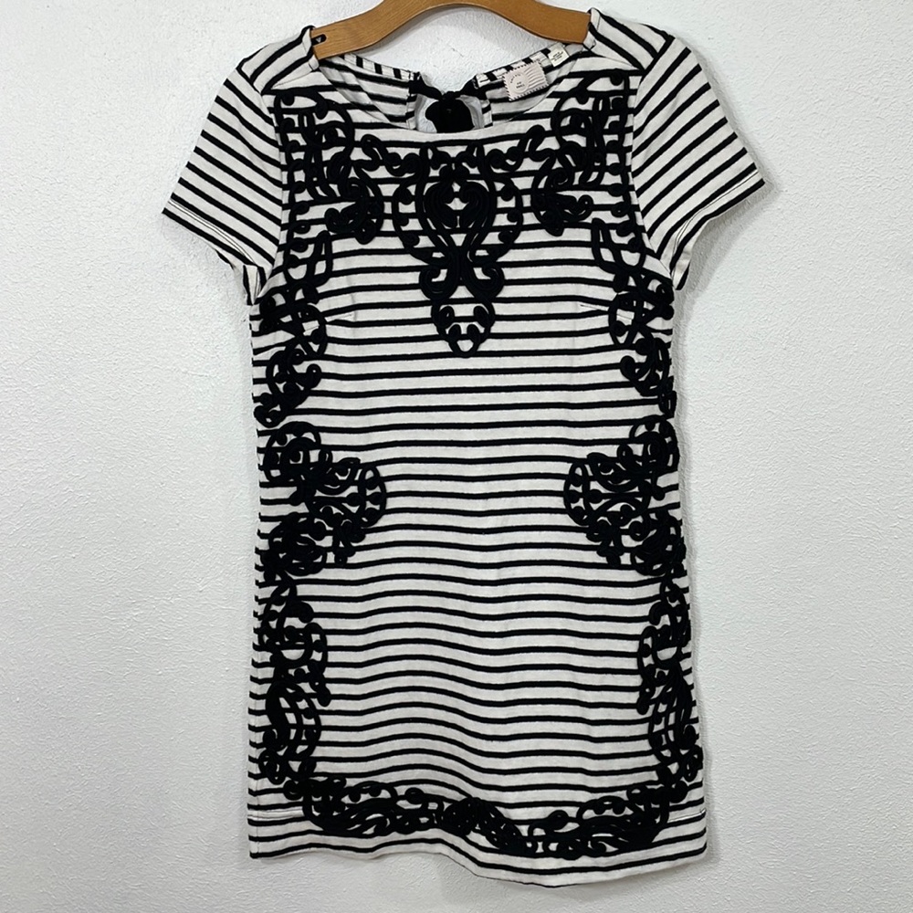 Anthropologie Postmark black /white cotton striped w swirl applique embroidery